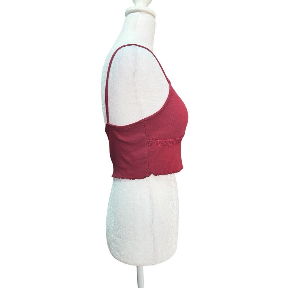 Y2K Womens Burgundy Ribbed Babydoll Crop Cami Tank Top Lace Fairy Grunge Medium - Picture 3 of 6